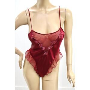 Vtg Victorias Secret Satin Teddy Nightie High Leg Sheer Flounce S Snap Crotch